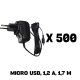 Micro USB töltő, 500 db-os csomag, 5 V, 1,2 A , 1,7 m kábel, TENWEI TAV010501200HU
